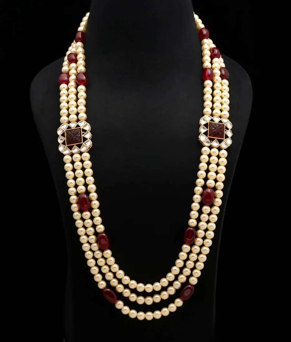 Three-Strand Pearl & Ruby Groom Mala