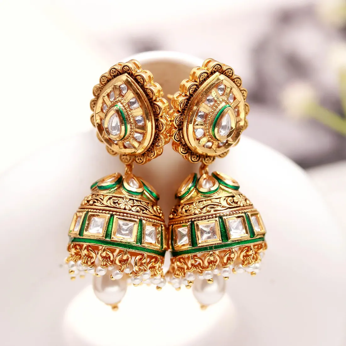 Antique Kundan Jhumka with Pearl Drops